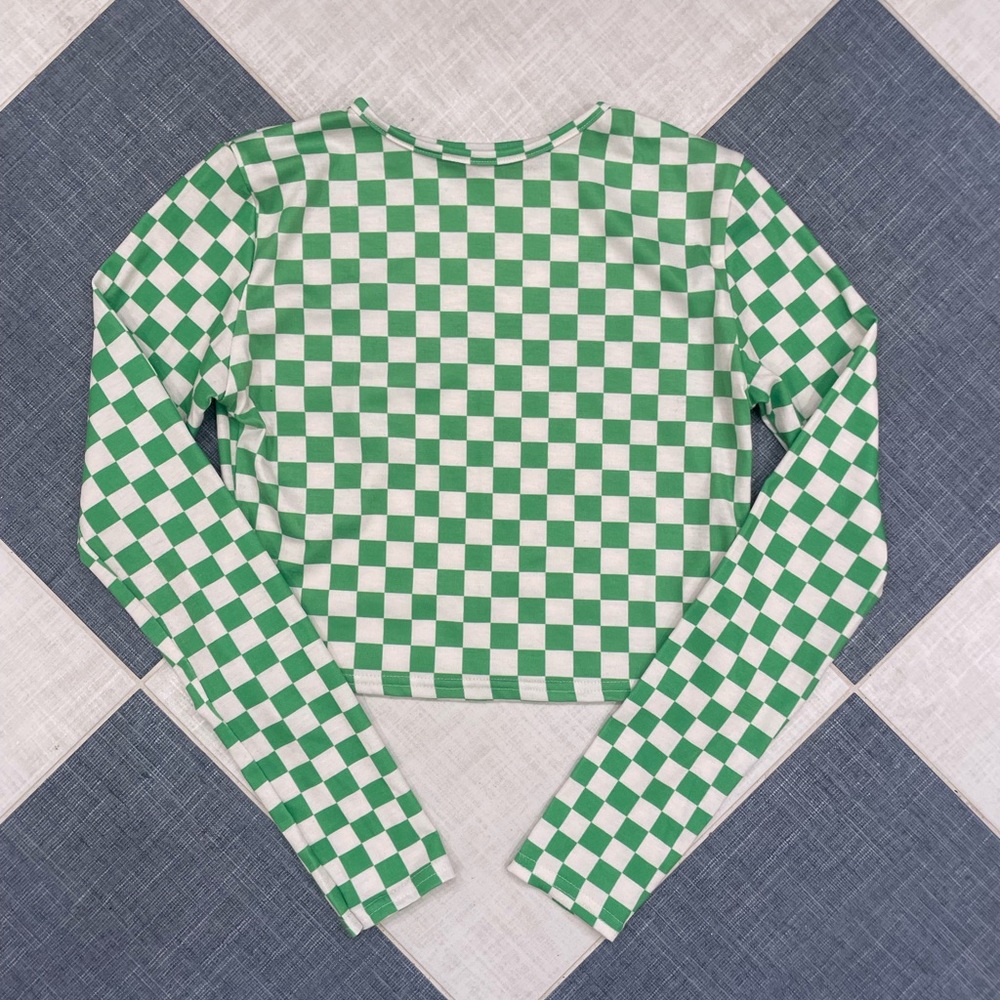 Nasty Gal Green and White Checkered Long Sleeve Top